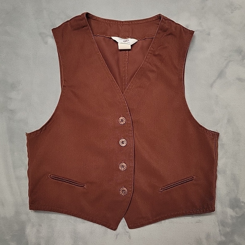 Vintage Levi's Vest Kids Medium Brown Western Cowboy Waistcoat Made In USA Brass